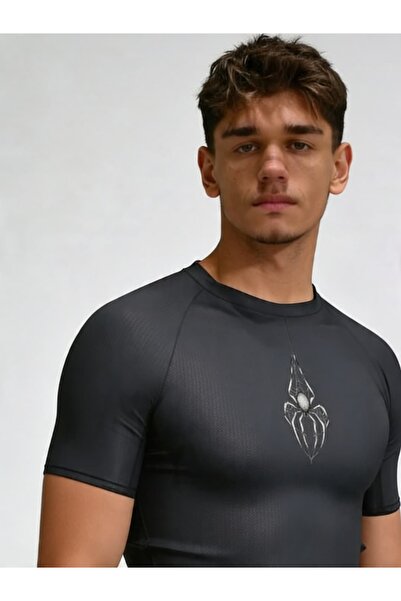 Yokedwear Örümcek Compression Dar / Slim Bisiklet Yaka Tişört gri Unisex Genç