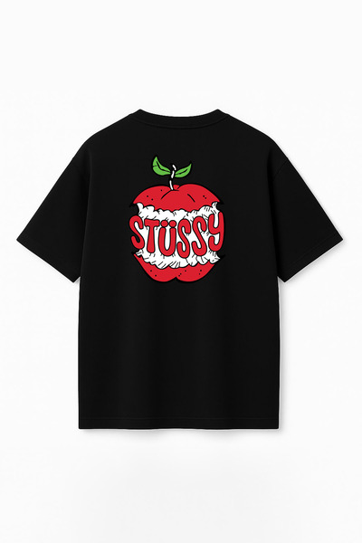THE RULE Unisex Stüssy Apple Printed Oversize 100% Cotton Wide Cut Textured C...