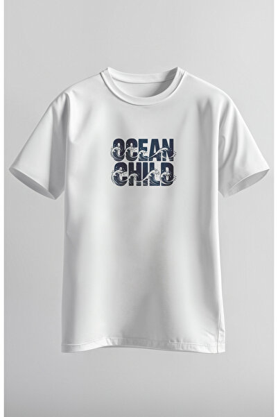 Ocean Child Baskılı Unisex Beyaz Oversize T-Shirt %100 Pamuk