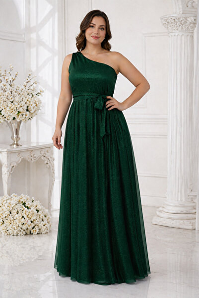 IŞILTI Γυναικείο μάξι πράσινο βραδινό φόρεμα με λεπτομέρεια από γκλίτερ και λ...