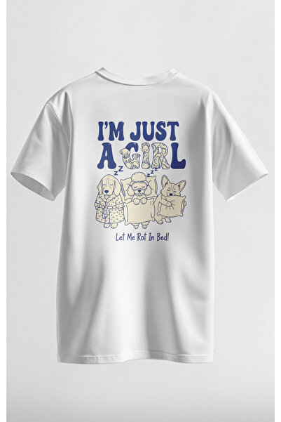 ImJustGirl Baskılı Unisex Beyaz Oversize T-Shirt %100 Pamuk
