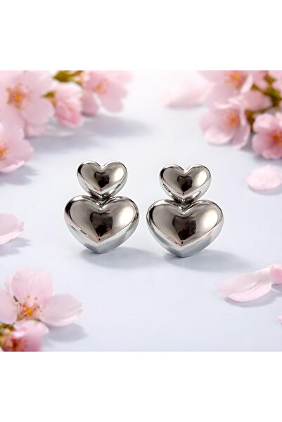 Monivera Women's Double Heart Patterned Silver Steel Earrings