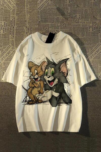 BALİNA Bej Tom And Jerry Cartoons Unisex T-shirt