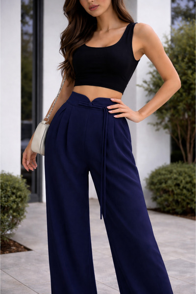 polle Γυναικείο παντελόνι παλάτσο σε μπλε ναυτικό χρώμα με ζώνη σε σχήμα V κα...