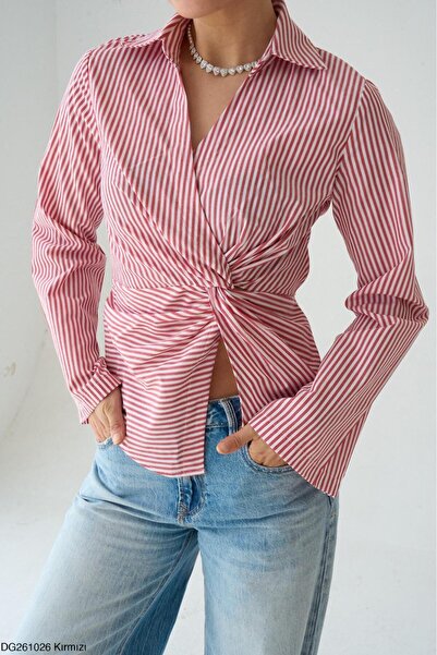 CADDELAMODA Γυναικείο ριγέ πουκάμισο με λεπτομέρεια κόμπου στο μπροστινό μέρος