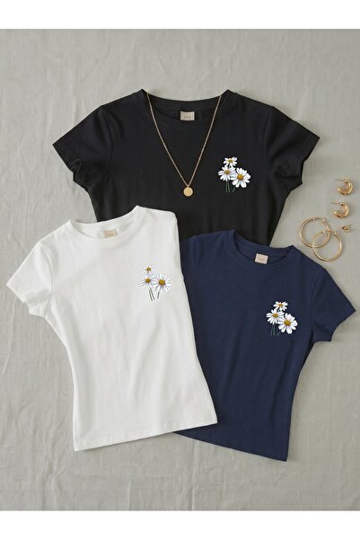 NİCE 3-Pack Women's Green Daisy Printed - Lycra Short Sleeve Body Tee Crop