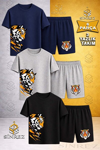 SİNREZ تي شيرت للأطفال مطبوع عليه TIGER SAG HEAD برقبة دائرية مكون من 3 قطع -...