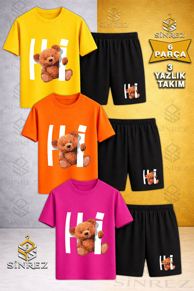 SİNREZ Tricou cu gât rotund imprimat pentru copii HI AYICIK YAZI ICINDE, 3 pi...