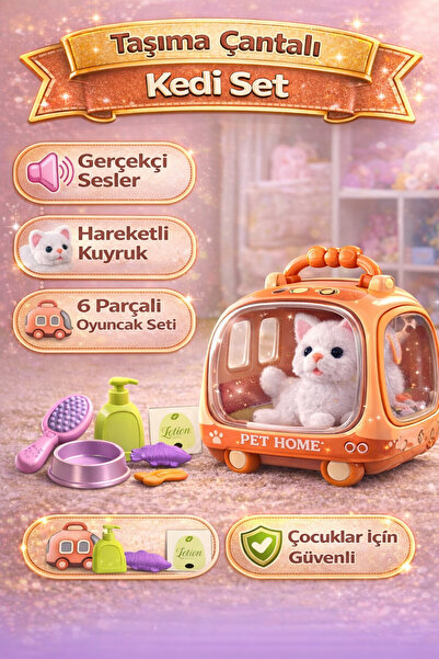 cayenna Oyuncak Taşıma Çantalı Kedi Seti Sesli ve Hareketli Kuyruklu 6 Parça ...