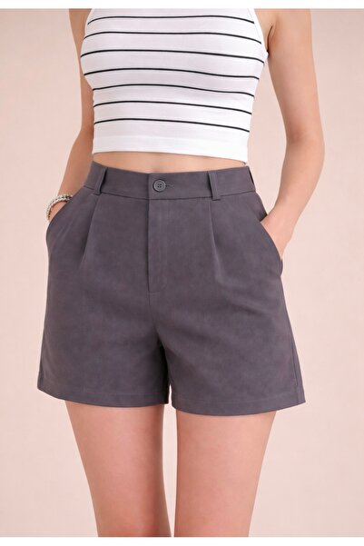 polle Women's Anthracite Pleated Shorts with Elastic Back