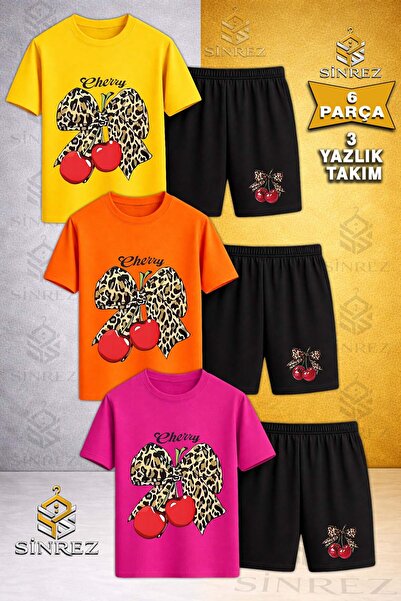 SİNREZ Çocuk KIRAZ LEOPAR KURDALE CHERRY YAZI Baskılı Bisiklet Yaka 3 Lü Tişö...