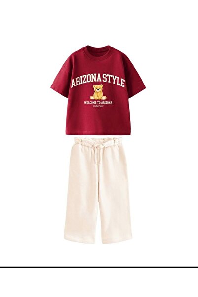 Unisex Pamuklu Ayıcık Baskılı Bordo T-Shirt Ve Ekru Eşofman Takım
