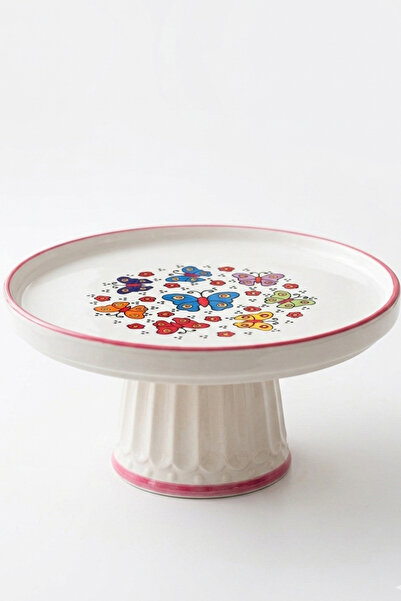 evcime El Yapımı Ayaklı Seramik Sunum Tabağı & Pasta Standı- Renkli Figürlü Desenli - 20 cm - Kırmızı Beyaz