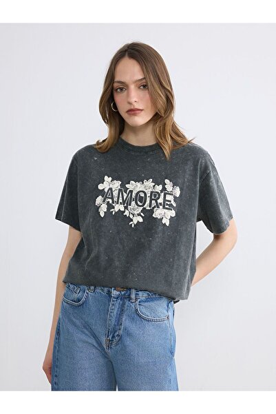 LC Waikiki Γυναικείο μπλουζάκι με στάμπα LCW Vision Crew Neck