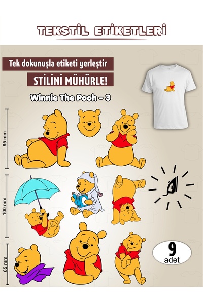 AGG Reklam Ütü ile Yapışan Kıyafet Etiketi Winnie The Pooh -3 9Lu Set