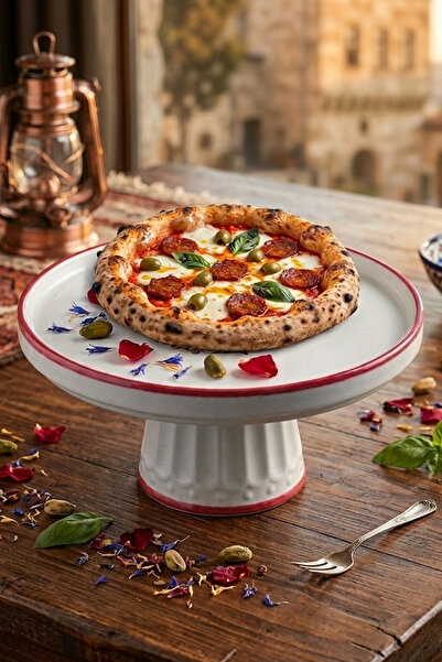 evcime El Yapımı Ayaklı Seramik Sunum Tabağı & Pasta Standı-Lale Desenli Çini Motifli-20 cm-Kırmızı Beyaz