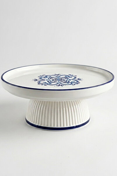 evcime El Yapımı Ayaklı Seramik Sunum Tabağı & Pasta Standı - Etnik Desenli - 20 cm - Mavi Beyaz