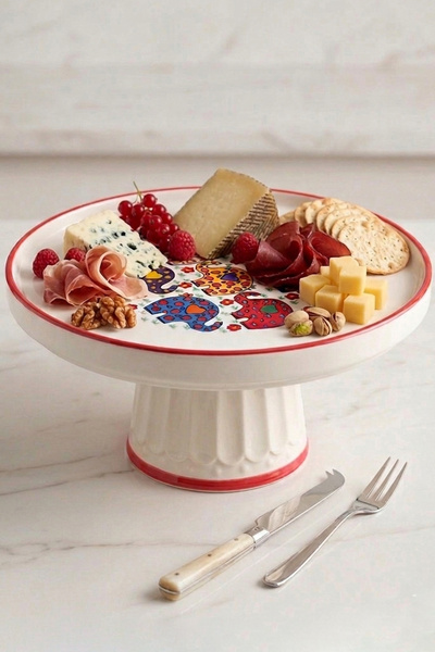 evcime El Yapımı Ayaklı Seramik Sunum Tabağı & Pasta Standı-Kırmızı Renkli Fil Desenli-20 cm-Kırmızı Beyaz