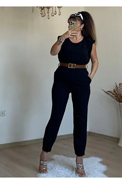 AZRA BUTİK Ολόσωμη φόρμα με ζώνη σε μαύρο χρώμα