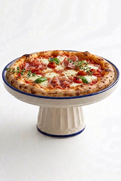 evcime El Yapımı Ayaklı Seramik Sunum Tabağı & Pasta Standı - Nazar Boncuğu Desenli - 20 cm - Mavi Beyaz