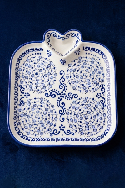 evcime El Yapımı Kalp ve Bahar Temalı Sunum Tabağı - 20 cm - Mavi Beyaz
