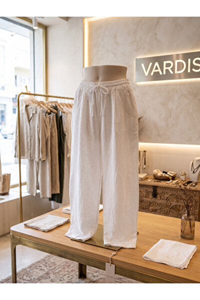Vardis Women's Linen Lace Pocket Detailed White Italian Made Trousers
