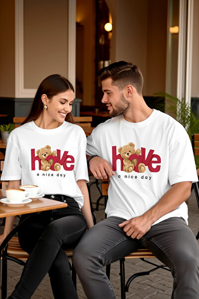 MODEX STYLE Unisex %100 Pamuk Oversize Beyaz Ayıcık Baskılı Premium Tişört