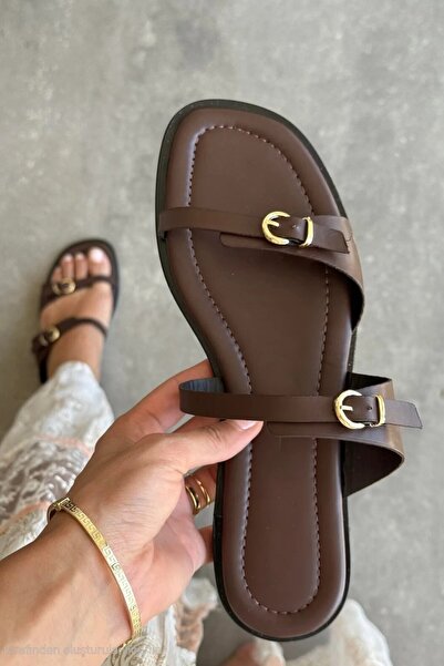 Cochines Liora Matte Skin Double Tape Belt Detailed Flat Sole Women's Brown S...