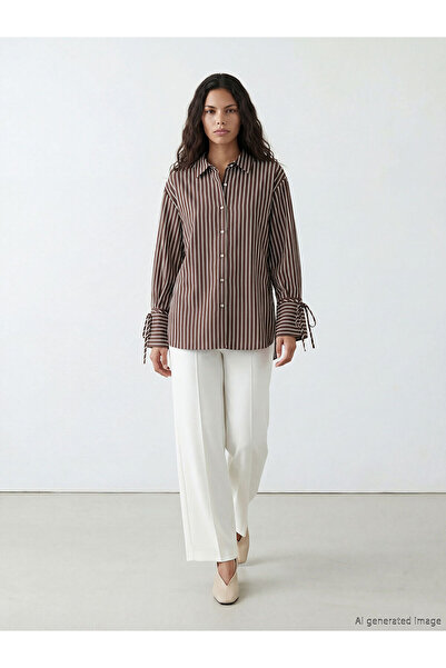 LC Waikiki Two Mt Shop Quality Lcw Modest Brown Striped Women's Shirt