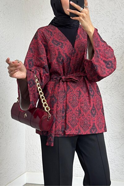 Modamorfo Dijital Baskılı Beli Kemerli Kapitone Kimono -kırmızı