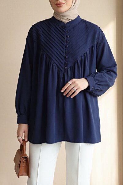 Modamorfo Πουκάμισο με μισά κουμπιά και ριμπ ύφανση - μπλε ναυτικό