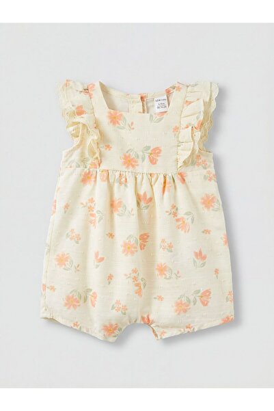 LC Waikiki LCW baby Kare Yaka Fırfırlı Baskılı Kız Bebek Poplin Tulum