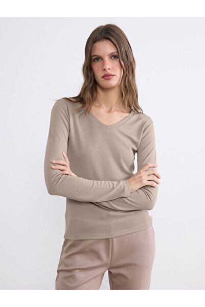 LC Waikiki Lcwaikiki Basic Brown V-Neck Women's Bodysuit