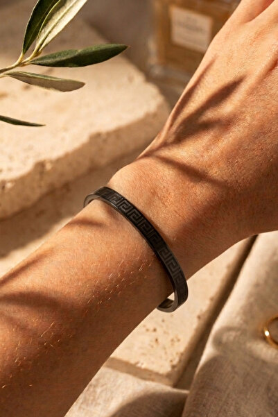 Rua Jewelry Steel Thea Greek Patterned Handcuff Bracelet Black Color |   Anti...
