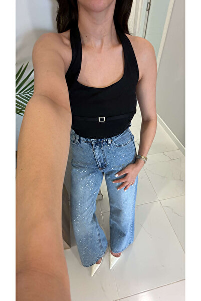 BİRCANÇİL Nullas Black Halter Neck Blouse with Buckle Detail