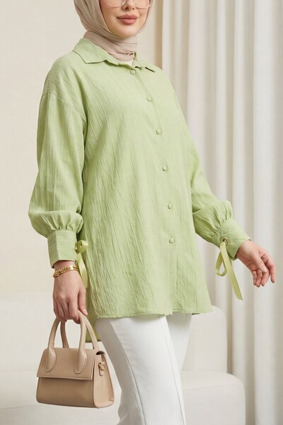 Modamorfo Lace-Up Sleeve Striped Pattern Strawberry Shirt -Çağla Y.