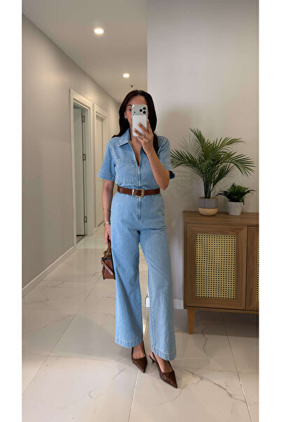 BİRCANÇİL ZR Livia Μπλε Τζιν Ολόσωμη Φόρμα με Λεπτομέρεια από Φερμουάρ