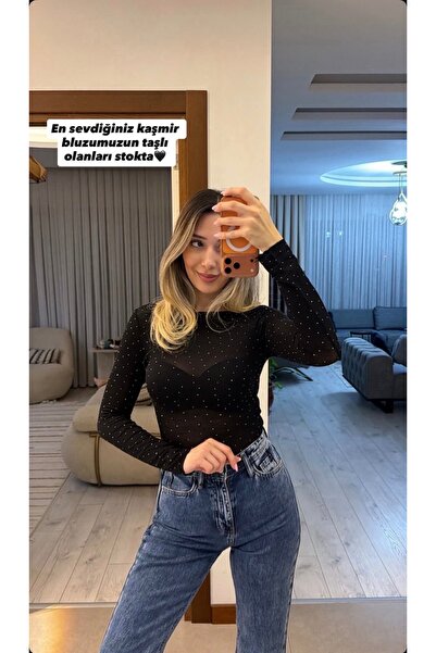 Karol Atabey Giyim Tekstil Siyah Transparan Kaşmir Dokulu Taşlı Bluz