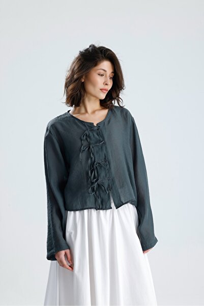 minaaise Women's anthracite tencel fabric blouse with lace detail and buttone...