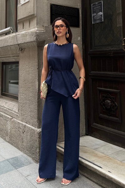 BEJNA Women's Navy Blue Asymmetrical Cut Linen Textured Bottom - Top Set