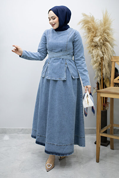 Tesettür Dünyası Τζιν Σετ με Φούστα που Δένει στη Μέση TSD260187 Ανοιχτό Μπλε