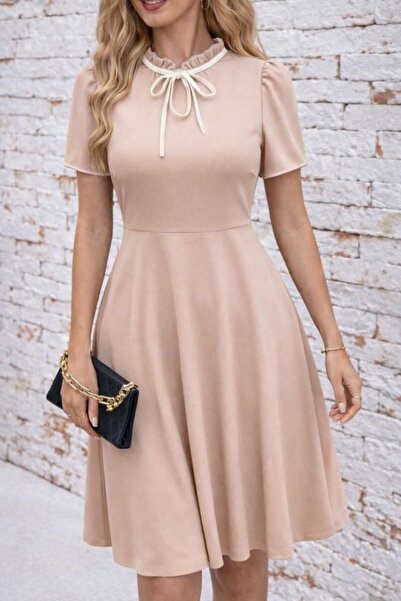 Wear Up Women's Short Sleeve Collar Lace-Up and Ruffled Midi Janjan Crepe Dress