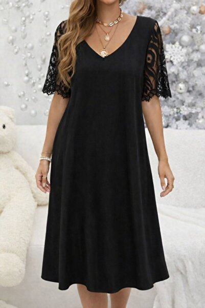 Wear Up Women's Short Lace Sleeve V-Neck Midi Viscose Dress
