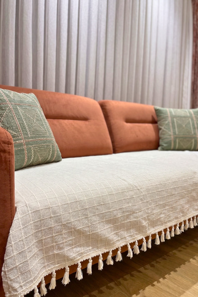 OTEXSA Βαμβακερό κάλυμμα καναπέ Bohemian με τετράγωνο σχέδιο και δαντέλα, πλέ...