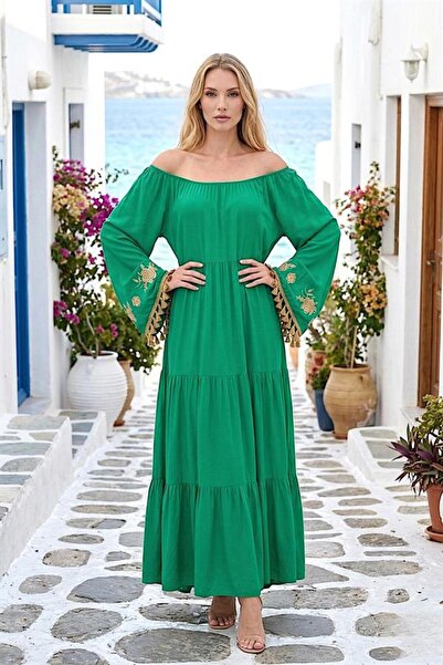Generic Brand Green Carmen Collar Embroidered Spanish Sleeve Layered Long Dress