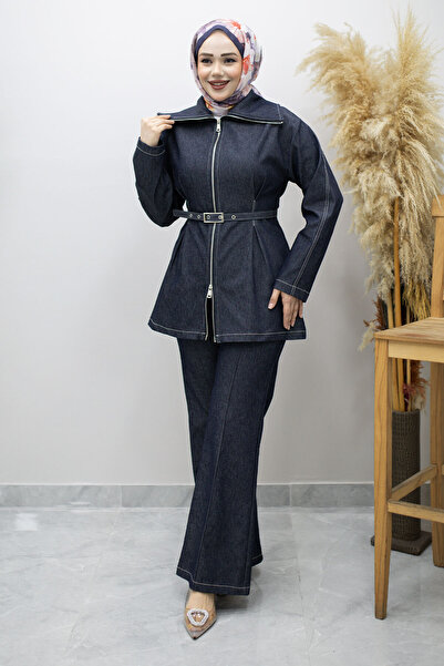 Tesettür Dünyası Διπλό σετ με ζώνη και φερμουάρ TSD260186 Σκούρο Μπλε