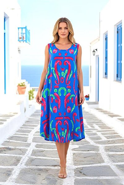MODANI SEÇ Saks Blue Patterned U-Neck Strap Midi Dress