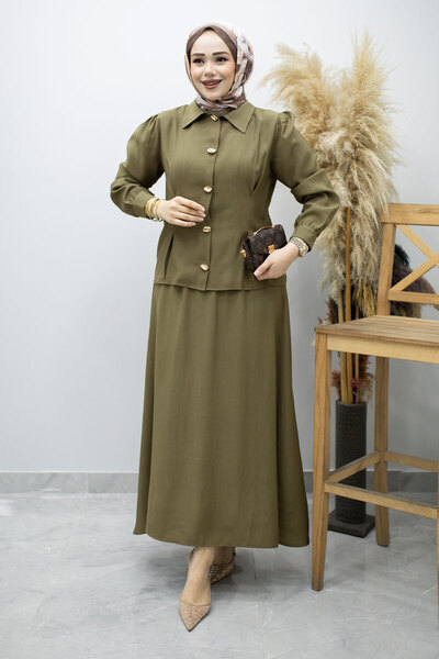 Tesettür Dünyası Σετ φούστας με λεπτομέρεια με κουμπιά και κολάρο TSD260188 Χακί