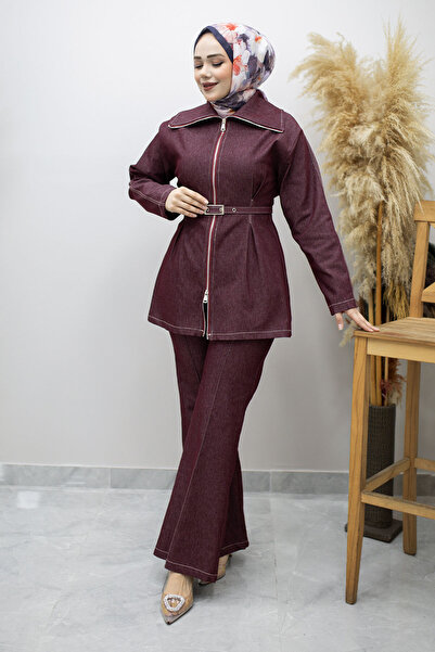 Tesettür Dünyası Διπλό σετ με ζώνη και φερμουάρ TSD260186 Βουργουνδίας