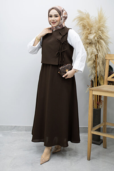 Tesettür Dünyası Σετ Γιλέκο με Δέσιμο και Σακάκι TSD260189 Καφέ